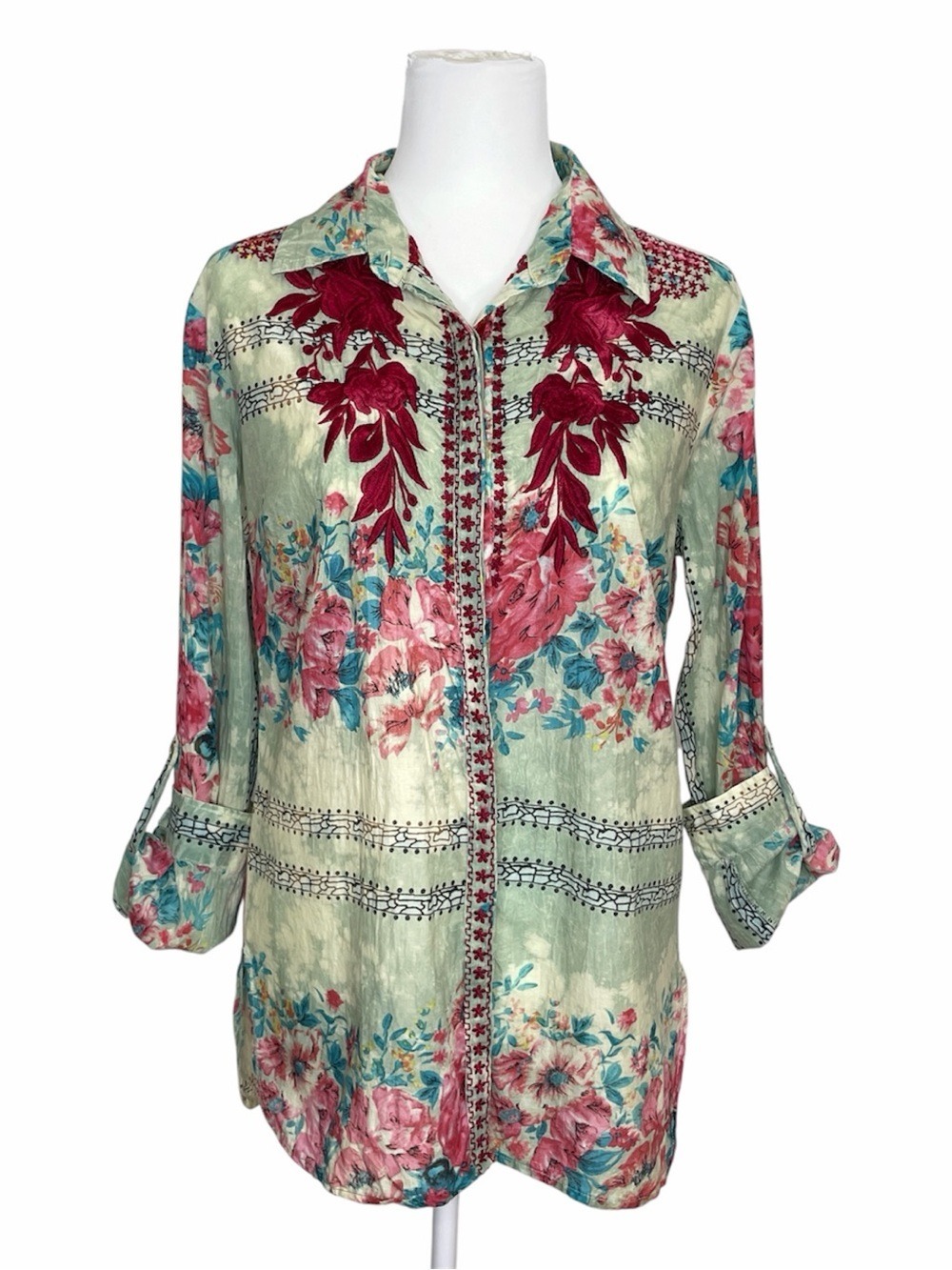 Vintage Goa Sage Green Embroidered Floral Roll Tab Button Front Blouse Size L